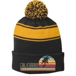 Cali Summer Vacation Ca Palm Trees Usa Retro California Stripe Pom Pom Beanie