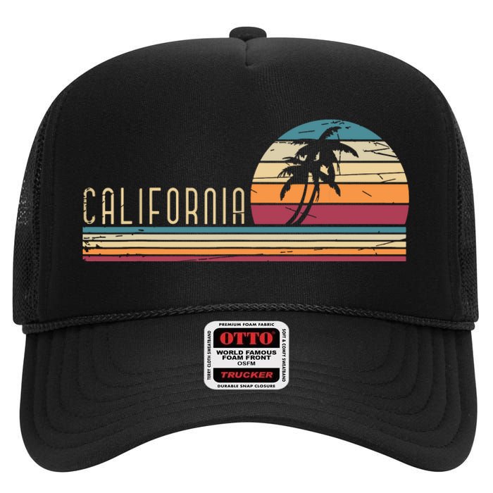 Cali Summer Vacation Ca Palm Trees Usa Retro California High Crown Mesh Back Trucker Hat