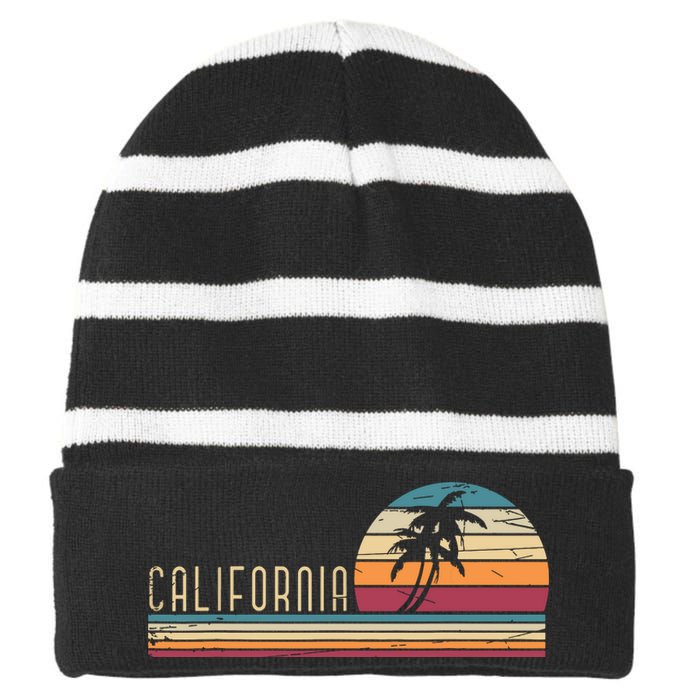 Cali Summer Vacation Ca Palm Trees Usa Retro California Striped Beanie with Solid Band