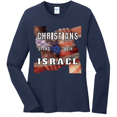 Christians Stand With Israel Amercan Flag Patriotic Ladies Long Sleeve Shirt