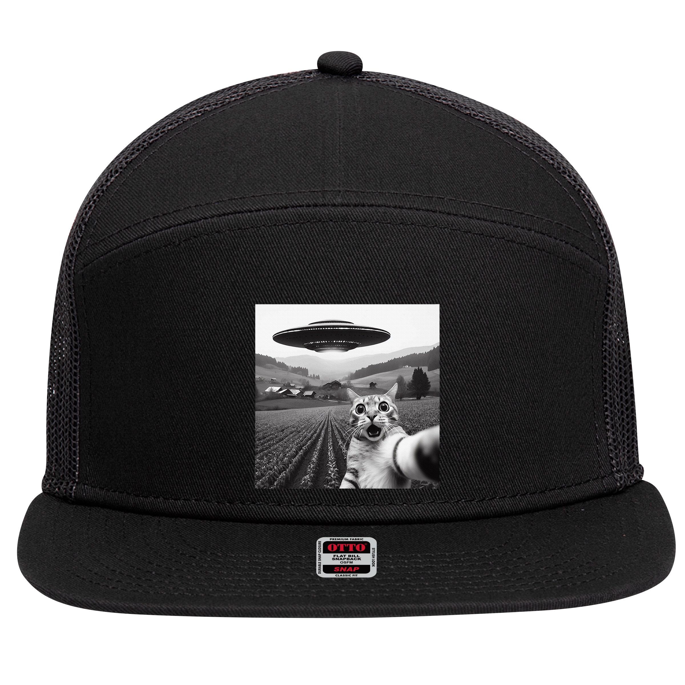 Cat Selfie With Alien Ufo Funny Cat Gifts 7 Panel Mesh Trucker Snapback Hat