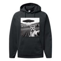 Cat Selfie With Alien Ufo Funny Cat Gifts Performance Fleece Hoodie