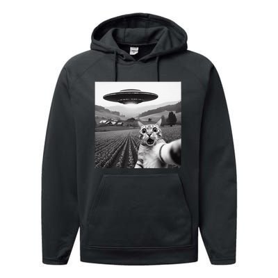 Cat Selfie With Alien Ufo Funny Cat Gifts Performance Fleece Hoodie