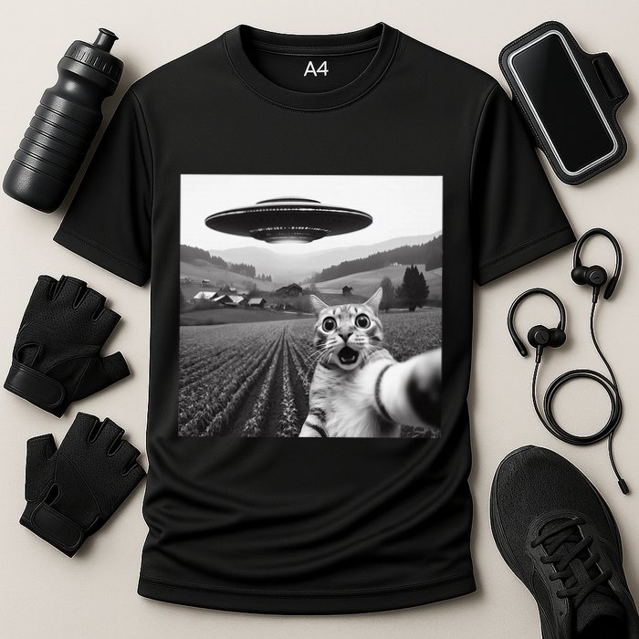 Cat Selfie With Alien Ufo Funny Cat Gifts Cooling Performance Crew T-Shirt