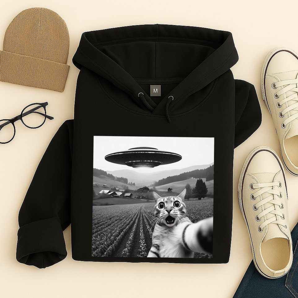 Cat Selfie With Alien Ufo Funny Cat Gifts Hoodie