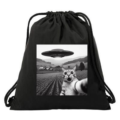 Cat Selfie With Alien Ufo Funny Cat Gifts Drawstring Bag