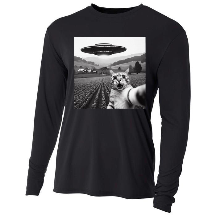 Cat Selfie With Alien Ufo Funny Cat Gifts Cooling Performance Long Sleeve Crew