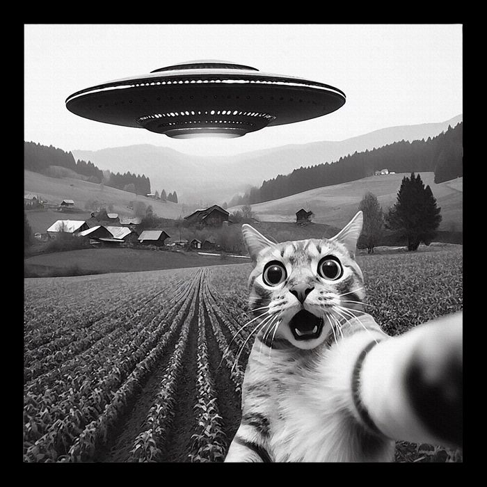 Cat Selfie With Alien Ufo Funny Cat Gifts Cooling Performance Long Sleeve Crew