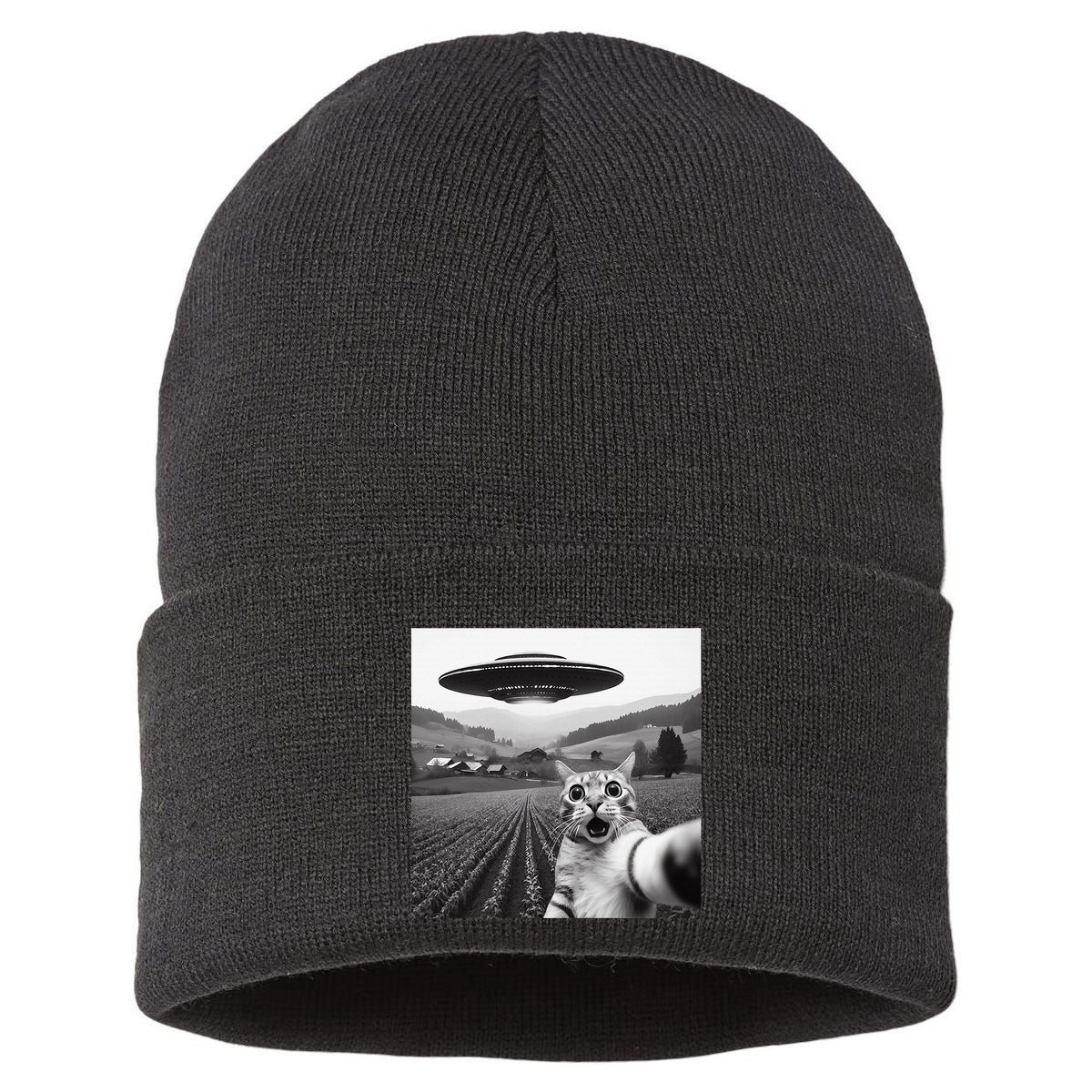 Cat Selfie With Alien Ufo Funny Cat Gifts Sustainable Knit Beanie