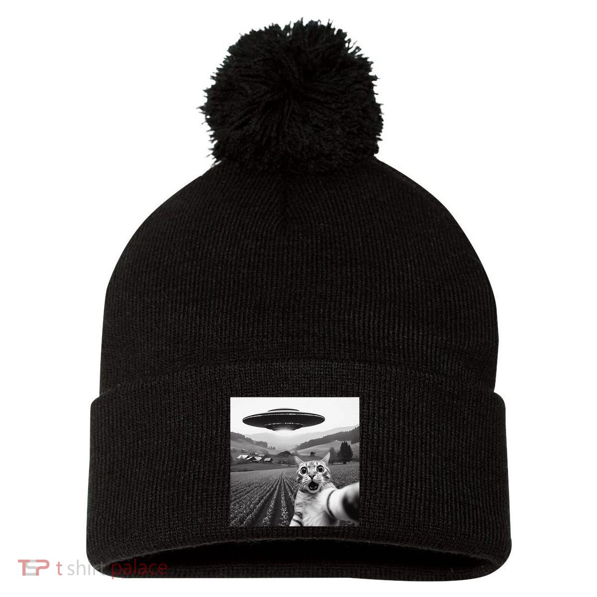 Cat Selfie With Alien Ufo Funny Cat Gifts Pom Pom 12in Knit Beanie