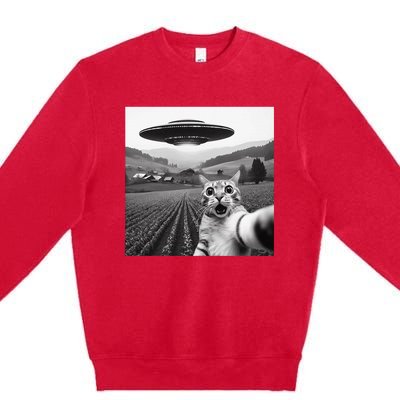 Cat Selfie With Alien Ufo Funny Cat Gifts Premium Crewneck Sweatshirt