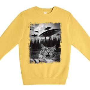 Cat Selfie With Ufo Alien Funny Cat Graphic Premium Crewneck Sweatshirt