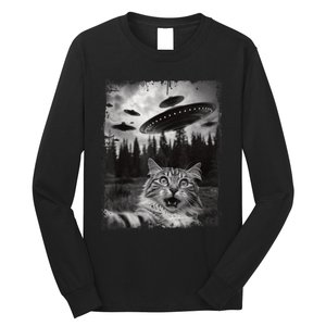 Cat Selfie With Ufo Alien Funny Cat Graphic Long Sleeve Shirt