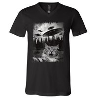 Cat Selfie With Ufo Alien Funny Cat Graphic V-Neck T-Shirt