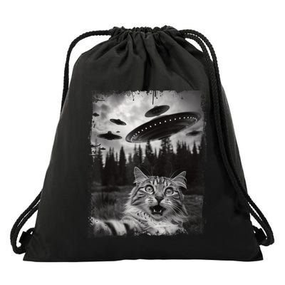 Cat Selfie With Ufo Alien Funny Cat Graphic Drawstring Bag