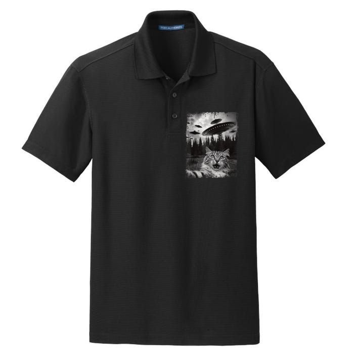 Cat Selfie With Ufo Alien Funny Cat Graphic Dry Zone Grid Polo