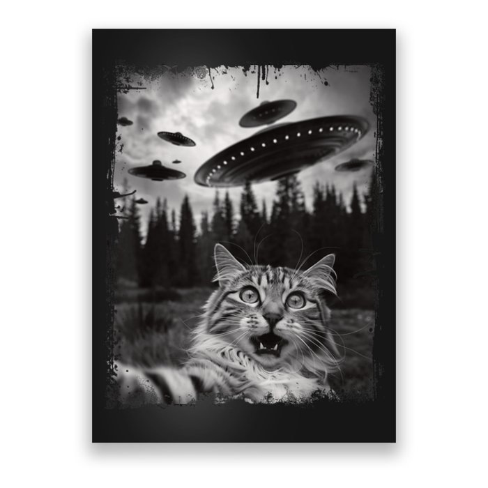 Cat Selfie With Ufo Alien Funny Cat Graphic Poster