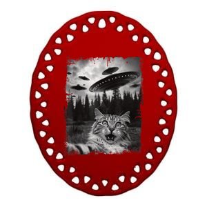 Cat Selfie With Ufo Alien Funny Cat Graphic Ceramic Oval Ornament