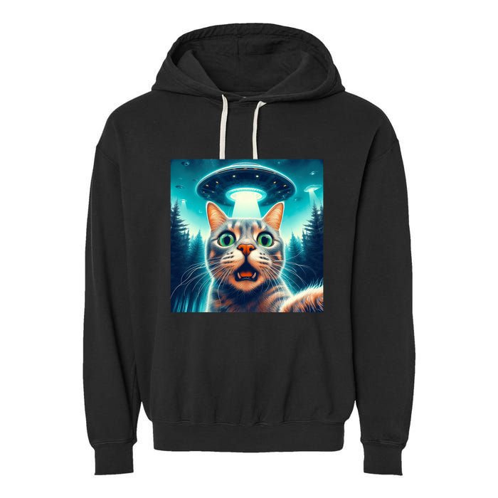 Cat Selfie With Ufo Cat Lover Meme Garment-Dyed Fleece Hoodie