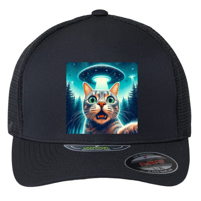 Cat Selfie With Ufo Cat Lover Meme Flexfit Unipanel Trucker Cap