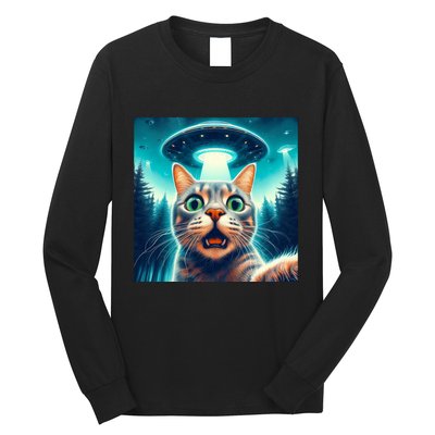 Cat Selfie With Ufo Cat Lover Meme Long Sleeve Shirt