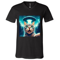 Cat Selfie With Ufo Cat Lover Meme V-Neck T-Shirt