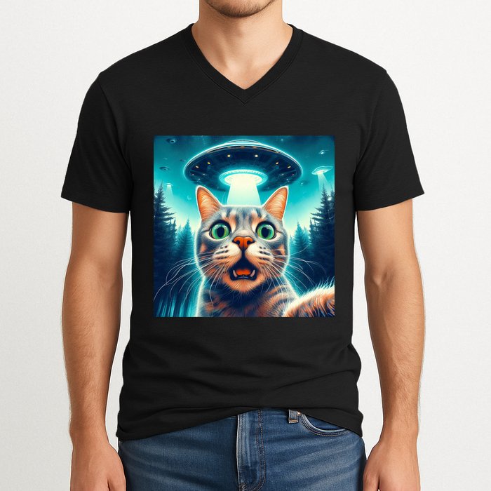 Cat Selfie With Ufo Cat Lover Meme V-Neck T-Shirt