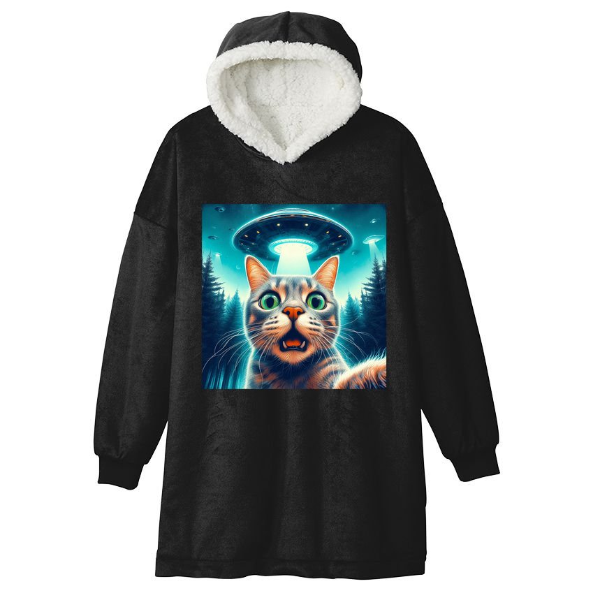 Cat Selfie With Ufo Cat Lover Meme Hooded Wearable Blanket