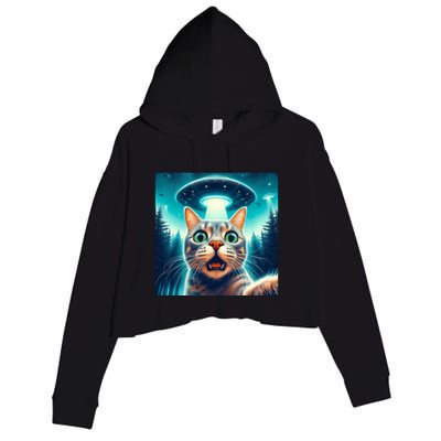 Cat Selfie With Ufo Cat Lover Meme Crop Fleece Hoodie
