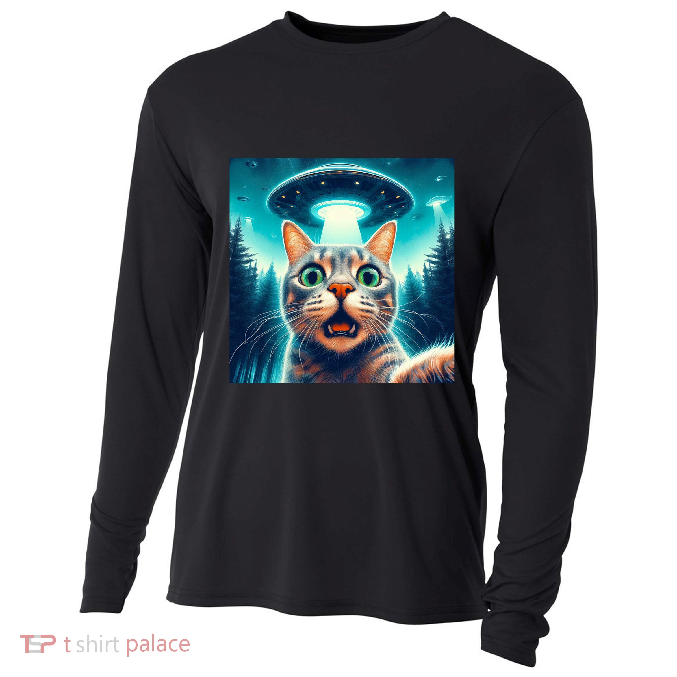 Cat Selfie With Ufo Cat Lover Meme Cooling Performance Long Sleeve Crew
