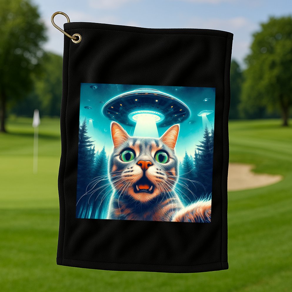 Cat Selfie With Ufo Cat Lover Meme Golf Towel
