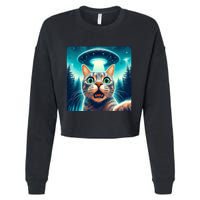 Cat Selfie With Ufo Cat Lover Meme Cropped Pullover Crew