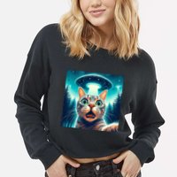 Cat Selfie With Ufo Cat Lover Meme Cropped Pullover Crew