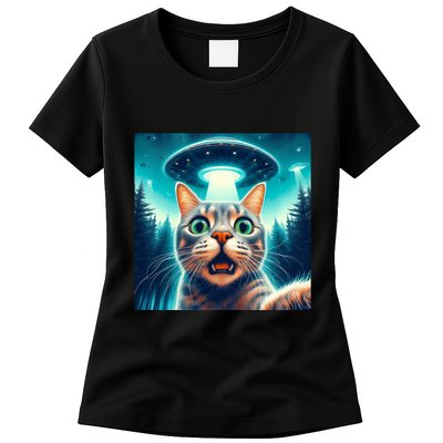 Cat Selfie With Ufo Cat Lover Meme Womens T-Shirt