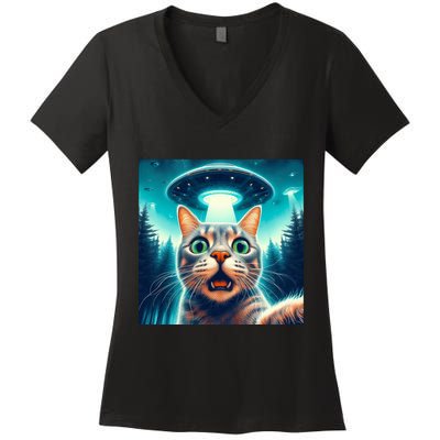 Cat Selfie With Ufo Cat Lover Meme Women's V-Neck T-Shirt