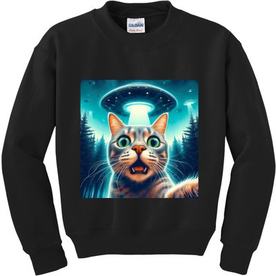 Cat Selfie With Ufo Cat Lover Meme Kids Sweatshirt