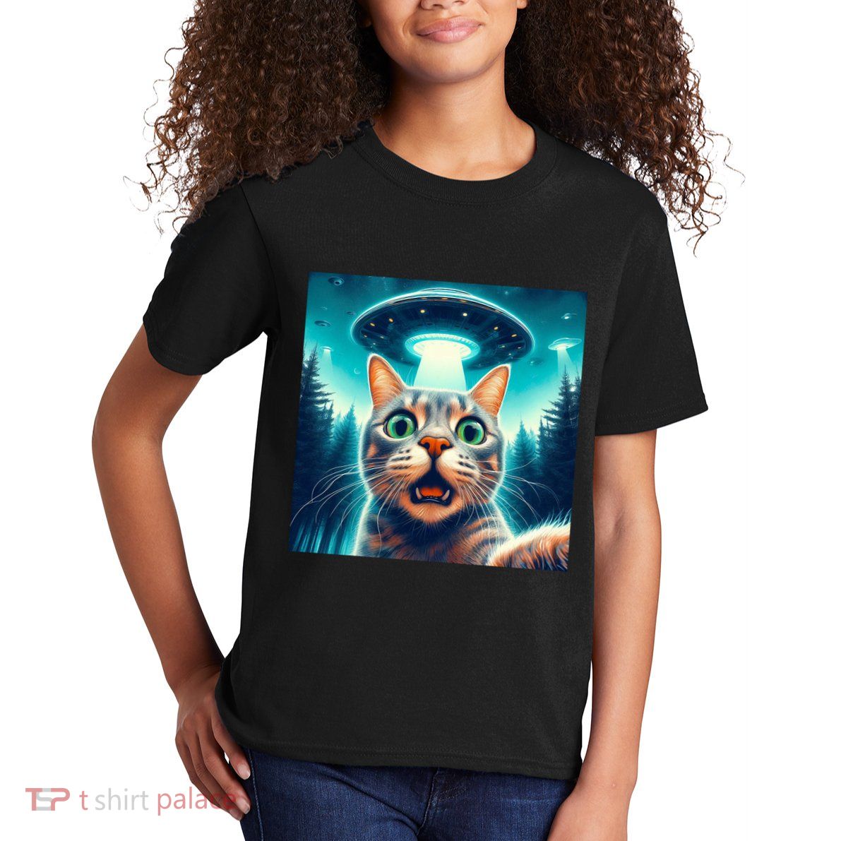 Cat Selfie With Ufo Cat Lover Meme Kids T-Shirt