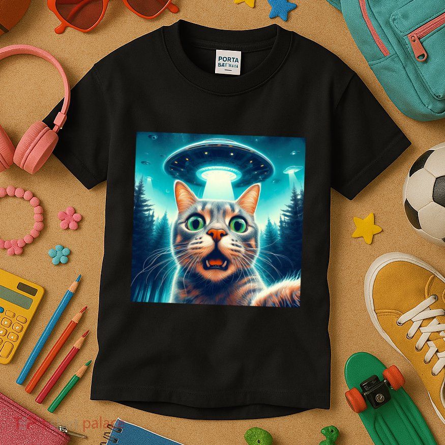 Cat Selfie With Ufo Cat Lover Meme Kids T-Shirt