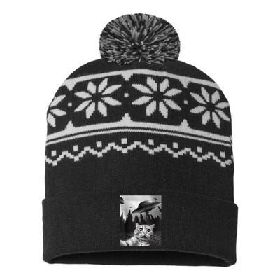 Cat Selfie With Alien UFO Funny Cat Lovers Spaceship Gift USA-Made Snowflake Beanie