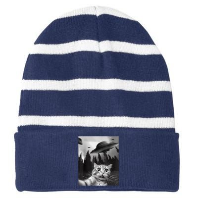 Cat Selfie With Alien UFO Funny Cat Lovers Spaceship Gift Striped Beanie with Solid Band