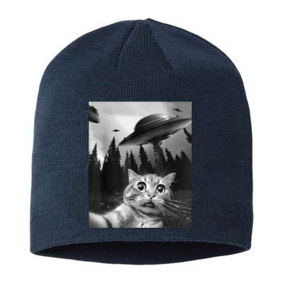 Cat Selfie With Alien UFO Funny Cat Lovers Spaceship Gift Sustainable Beanie