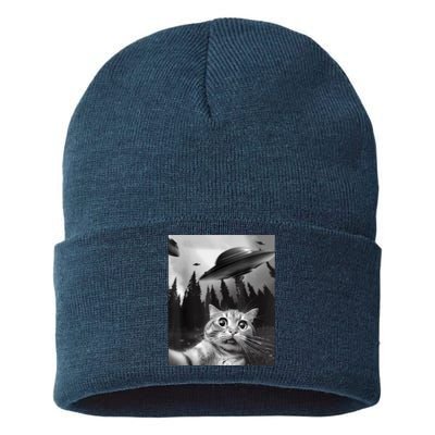 Cat Selfie With Alien UFO Funny Cat Lovers Spaceship Gift Sustainable Knit Beanie