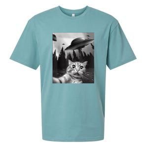 Cat Selfie With Alien UFO Funny Cat Lovers Spaceship Gift Sueded Cloud Jersey T-Shirt