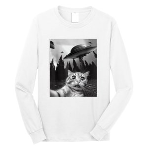 Cat Selfie With Alien UFO Funny Cat Lovers Spaceship Gift Long Sleeve Shirt