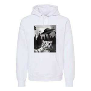 Cat Selfie With Alien UFO Funny Cat Lovers Spaceship Gift Premium Hoodie