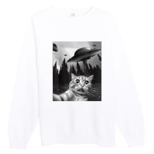 Cat Selfie With Alien UFO Funny Cat Lovers Spaceship Gift Premium Crewneck Sweatshirt