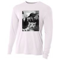 Cat Selfie With Alien UFO Funny Cat Lovers Spaceship Gift Cooling Performance Long Sleeve Crew