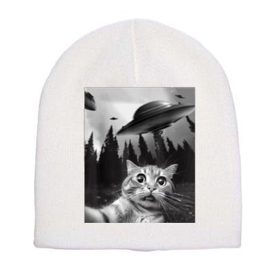 Cat Selfie With Alien UFO Funny Cat Lovers Spaceship Gift Short Acrylic Beanie