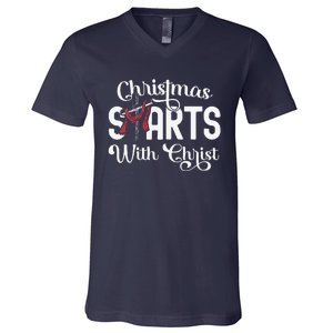 Christmas Starts With Christ Cross Jesus Christian V-Neck T-Shirt