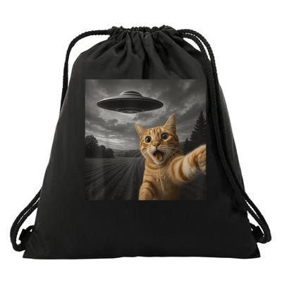 Cat Selfie With Alien UFO Funny Cat Gifts Drawstring Bag